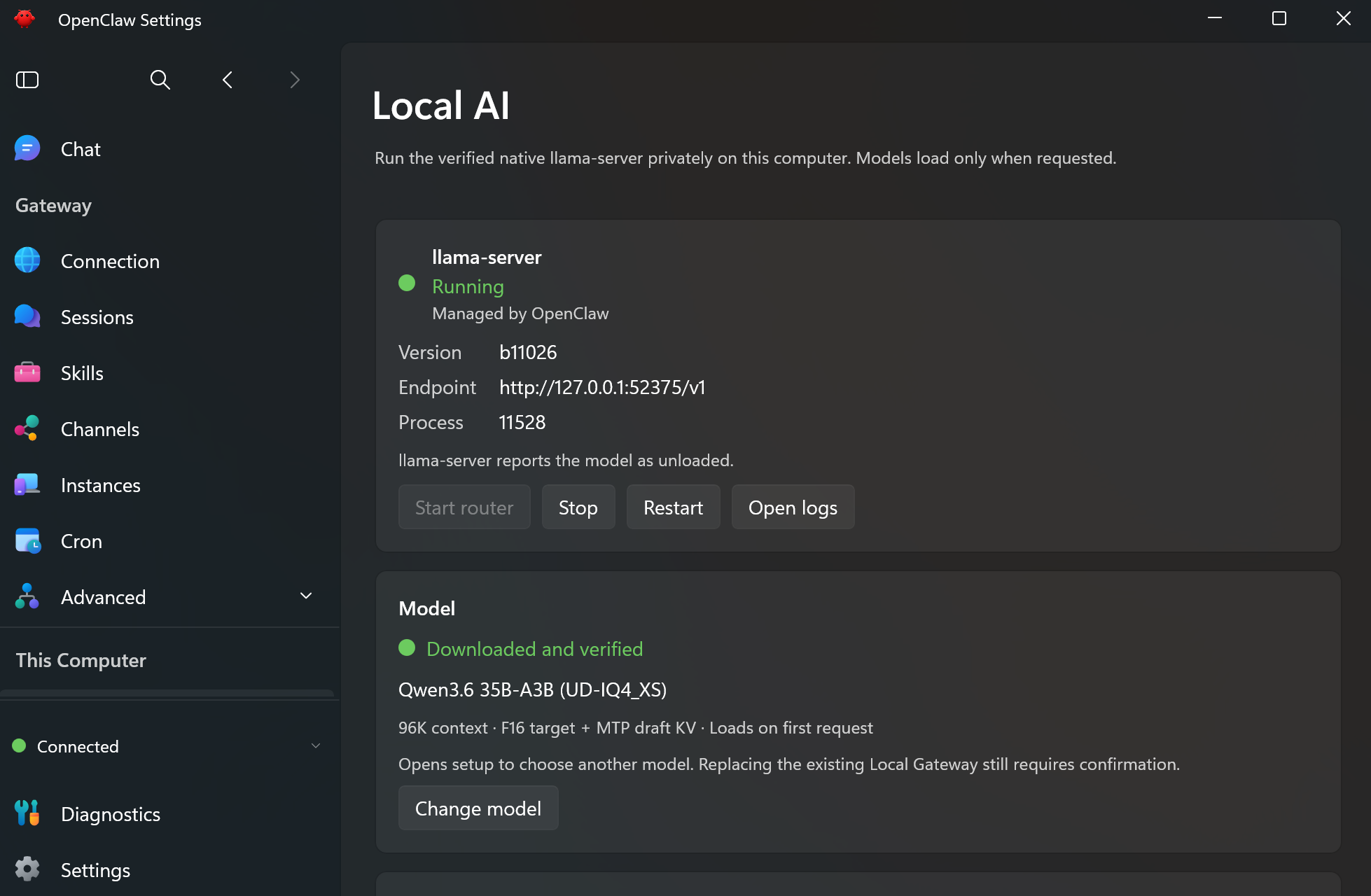 Settings > Local AI with the retained IQ4_XS install