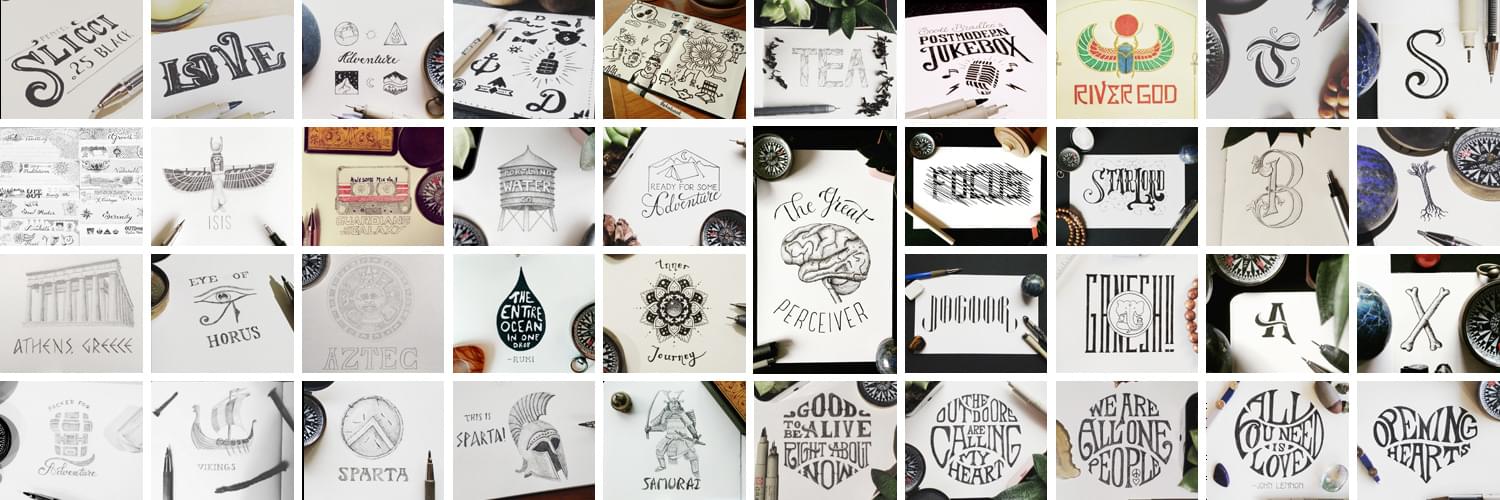 grid of hand lettering and illustrations on paper