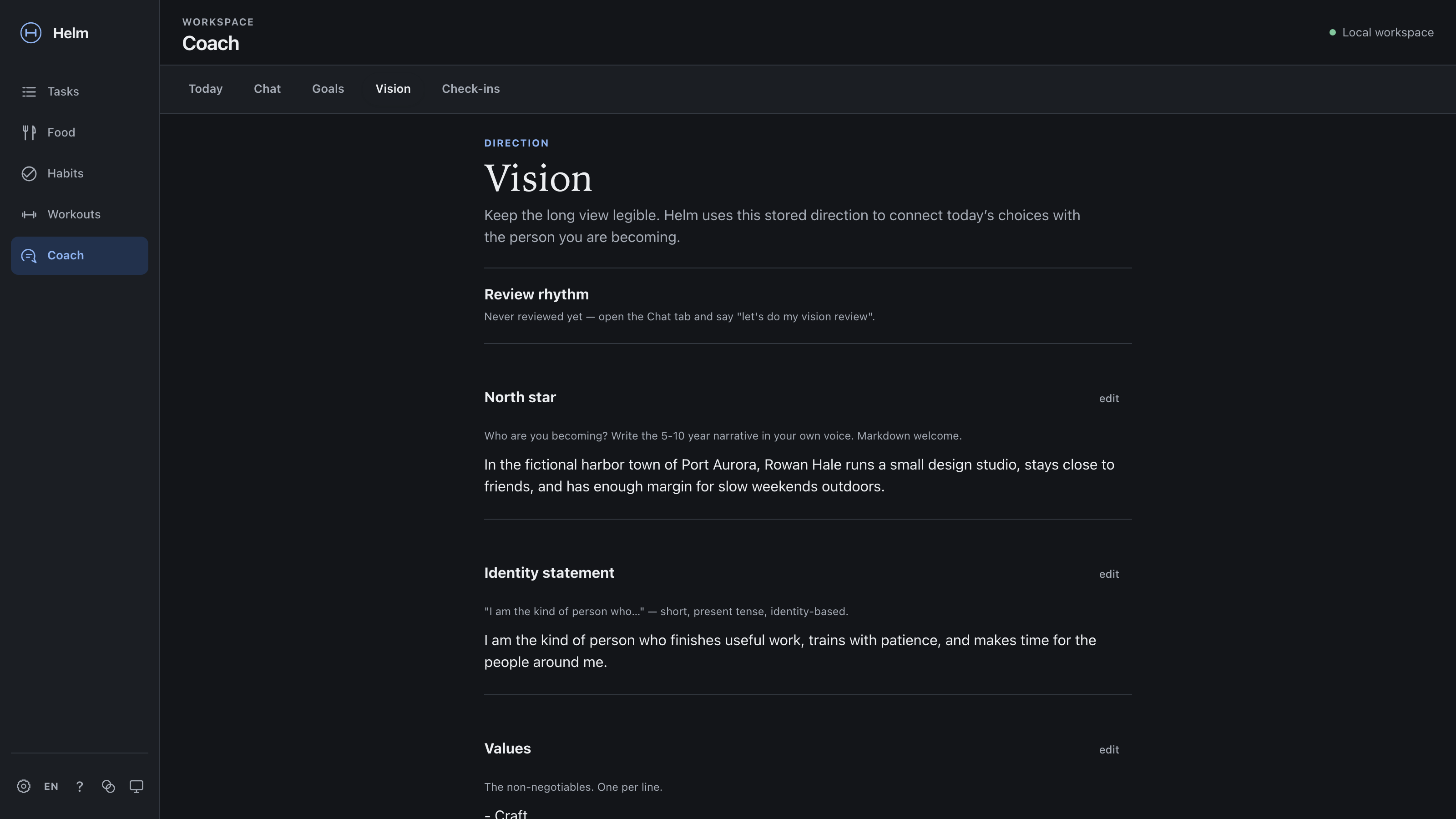 Coach vision tab: a north-star narrative, an identity statement, and a values list