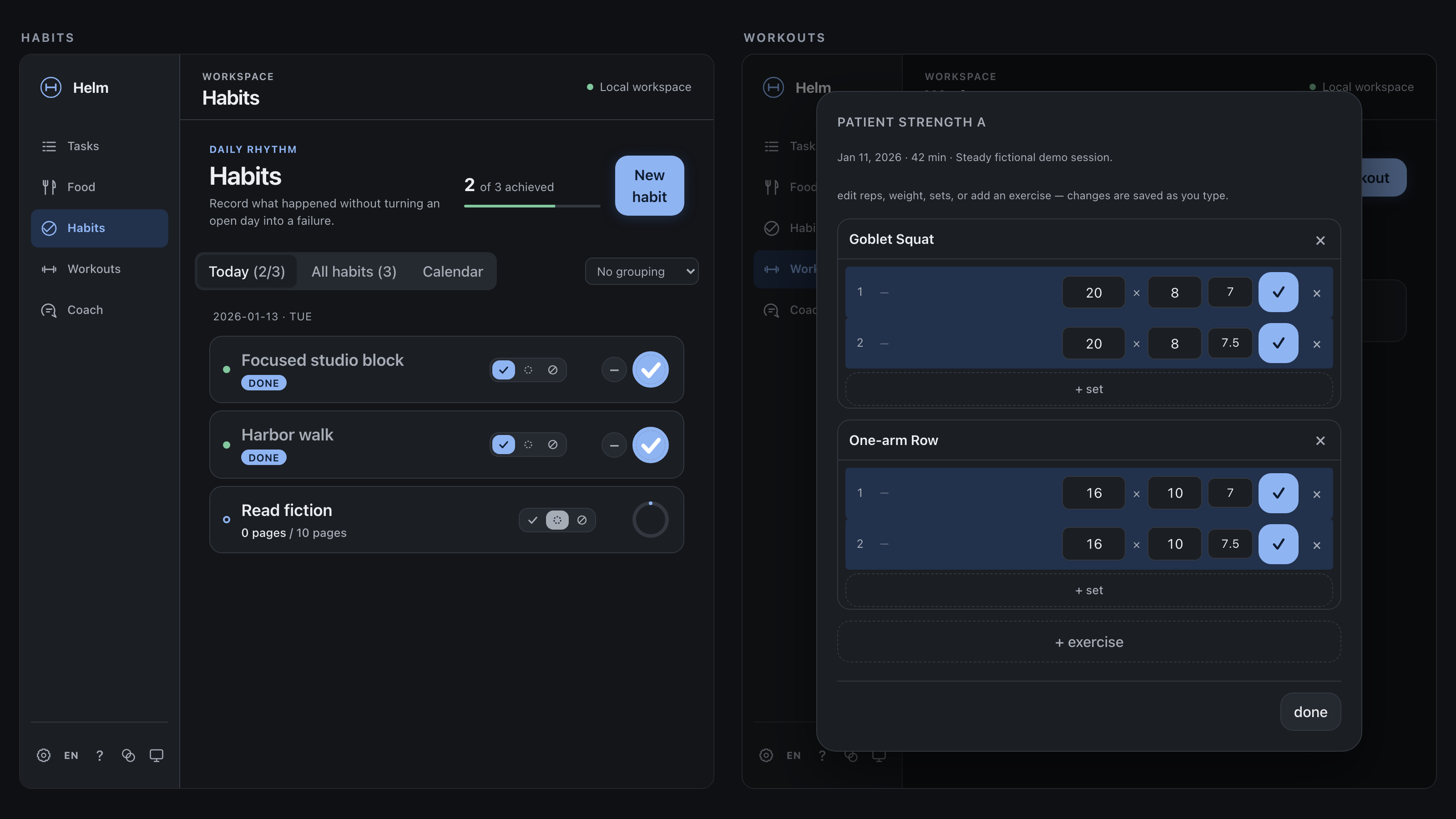 Side-by-side composite: a habits list with logged minutes and pages, and a completed workout history card
