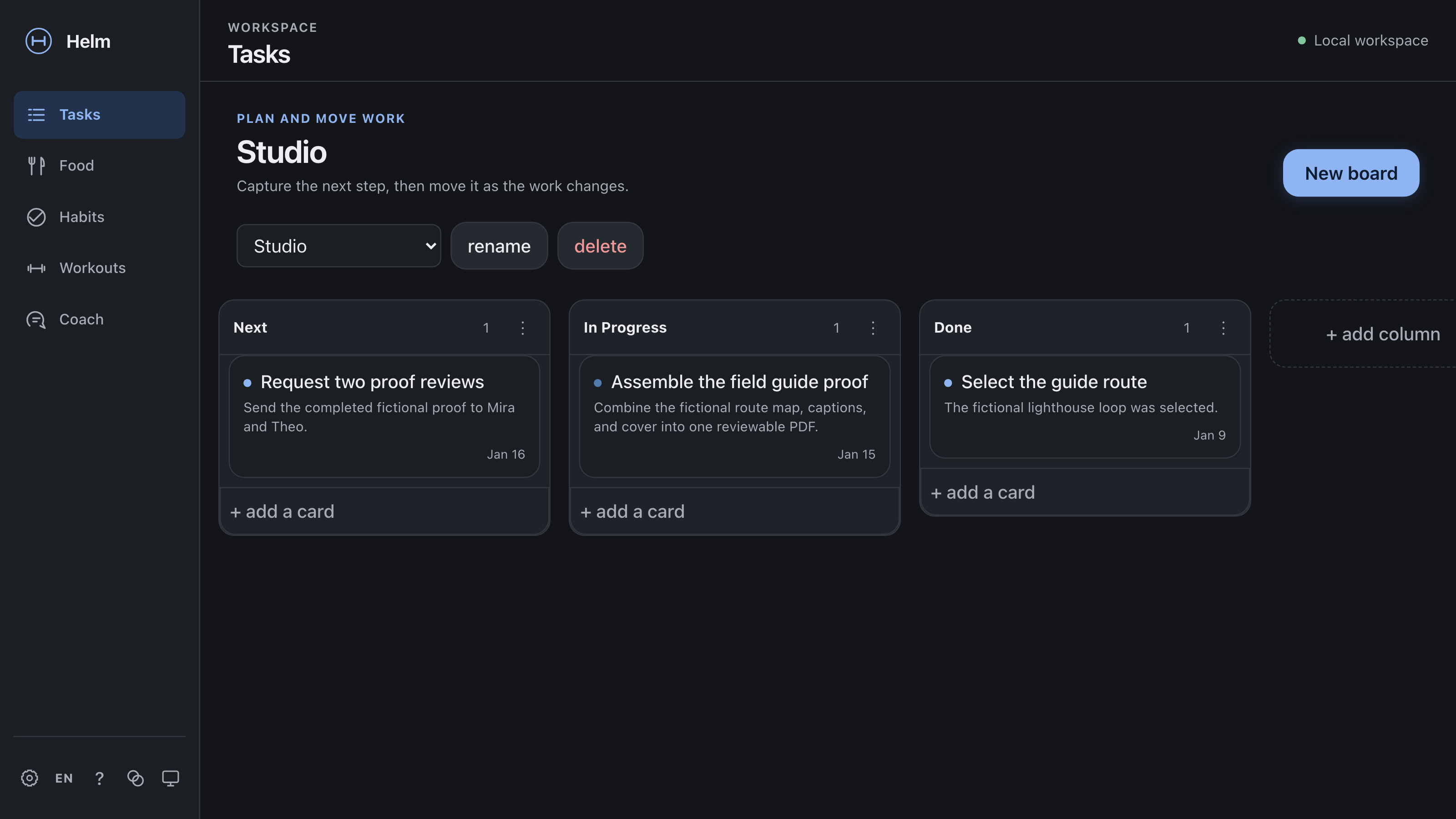 Tasks board with Next, In Progress, and Done columns holding fictional studio-project cards