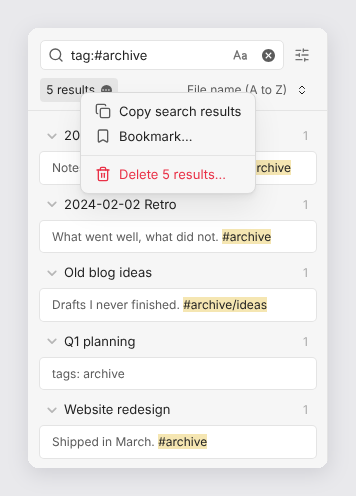 The search results menu with a red Delete 5 results item below Copy search results and Bookmark