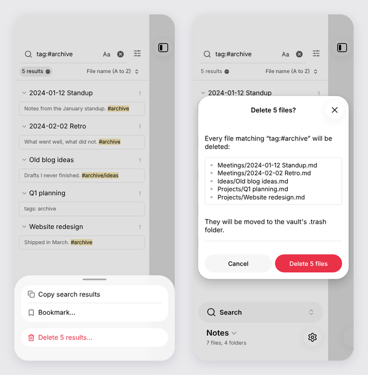 Phone layout: the menu sheet with the Delete item, and the same confirmation dialog