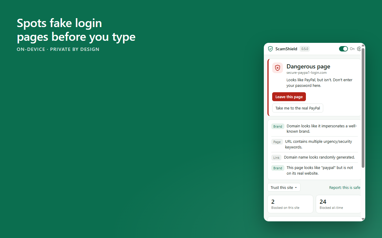 ScamShield popup showing a dangerous verdict