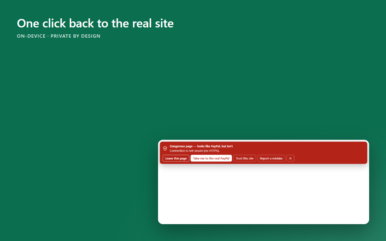 In-page warning banner with the rescue link to the real site
