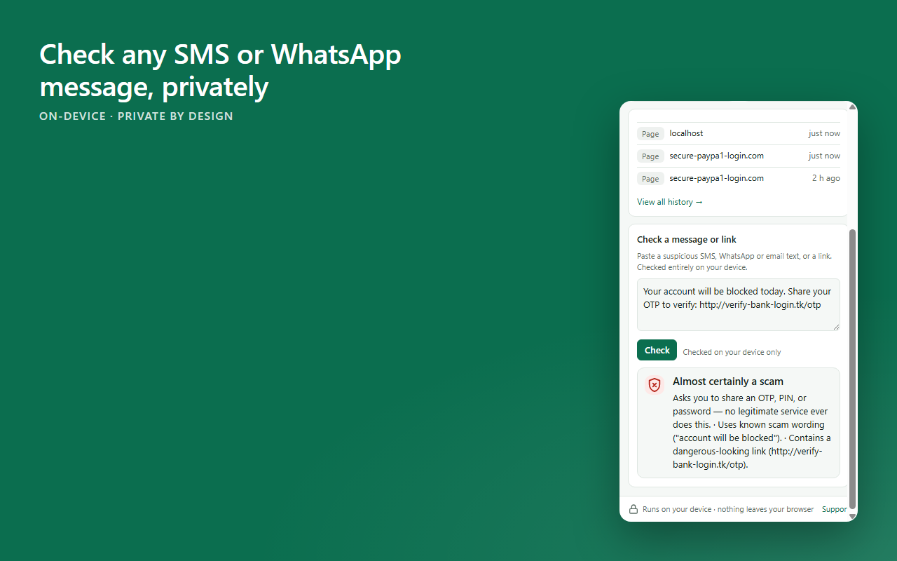 Scam message checker in the popup