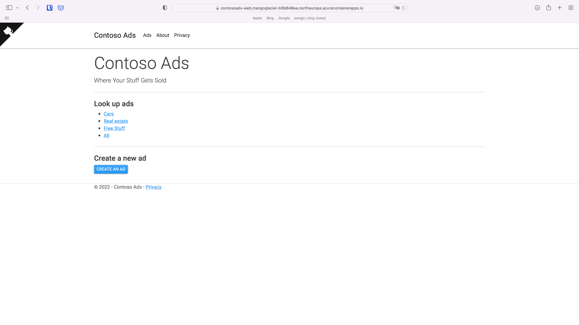 The Contoso Ads home page, once the app is running.