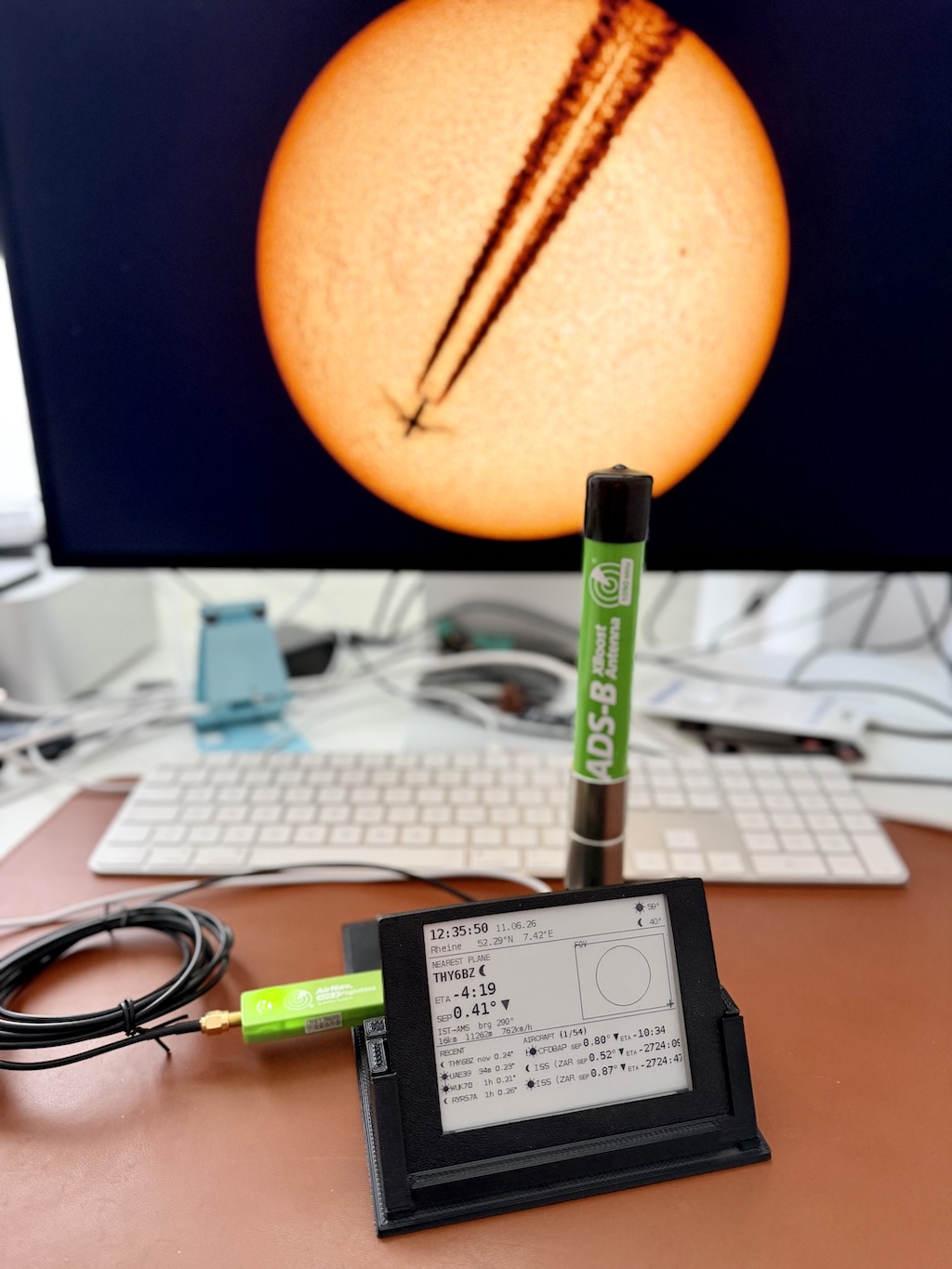 Pi 5 + e-paper stand with ADS-B dongle — and a real H-alpha Sun transit behind