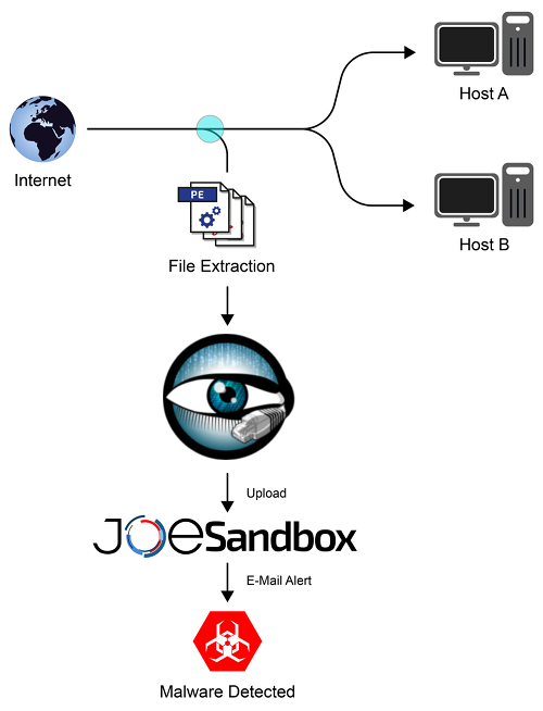 Bro extracts files between the internet and your hosts and uploads them to Joe Sandbox.