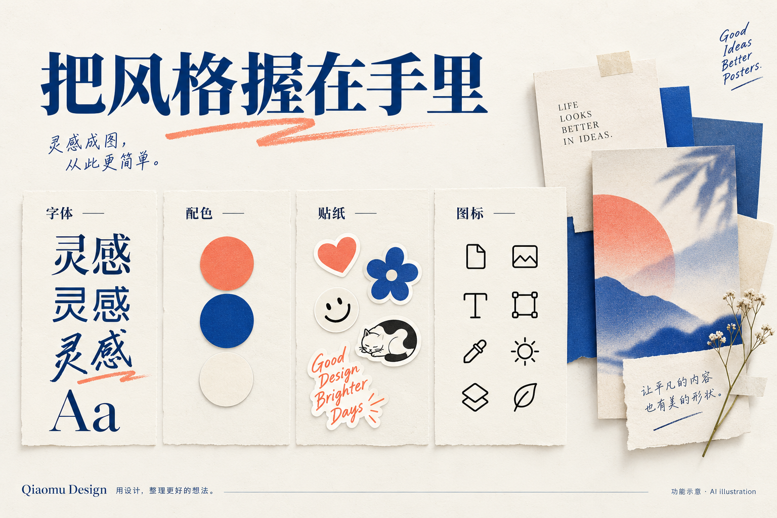 字体样张、配色、贴纸和图标的功能示意