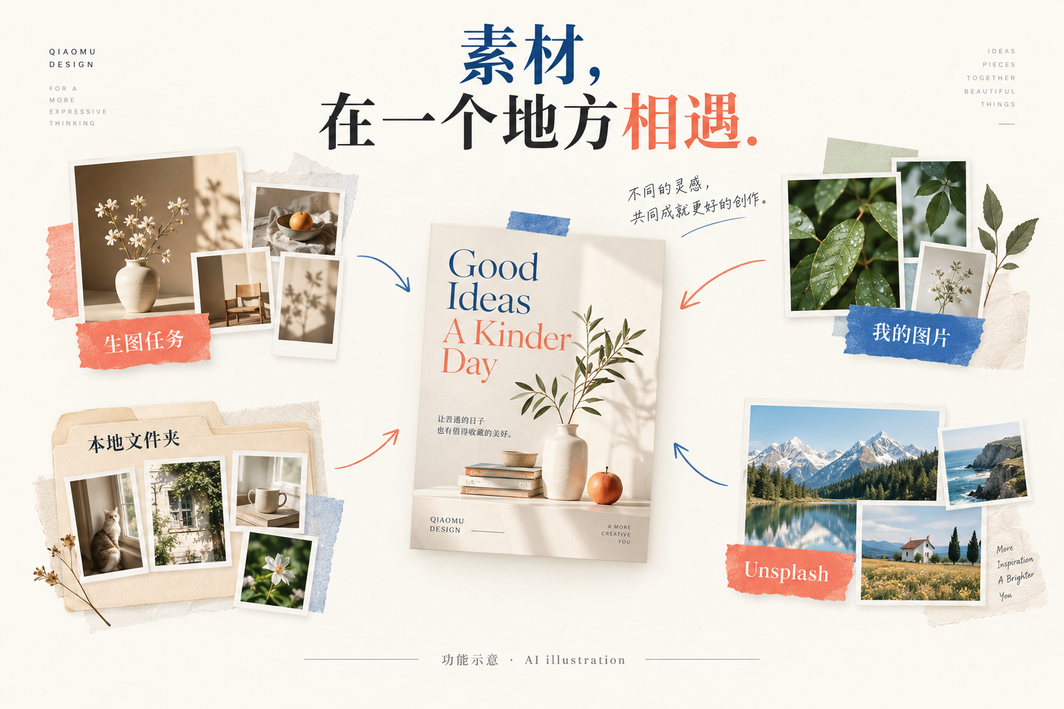 我的图片、生图任务、本地文件夹和 Unsplash 四类来源示意