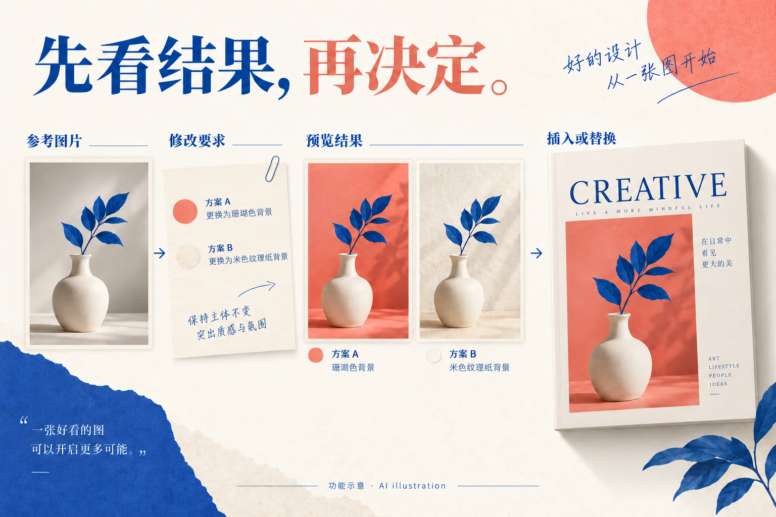 参考图片、修改要求、结果预览与插入替换的功能示意