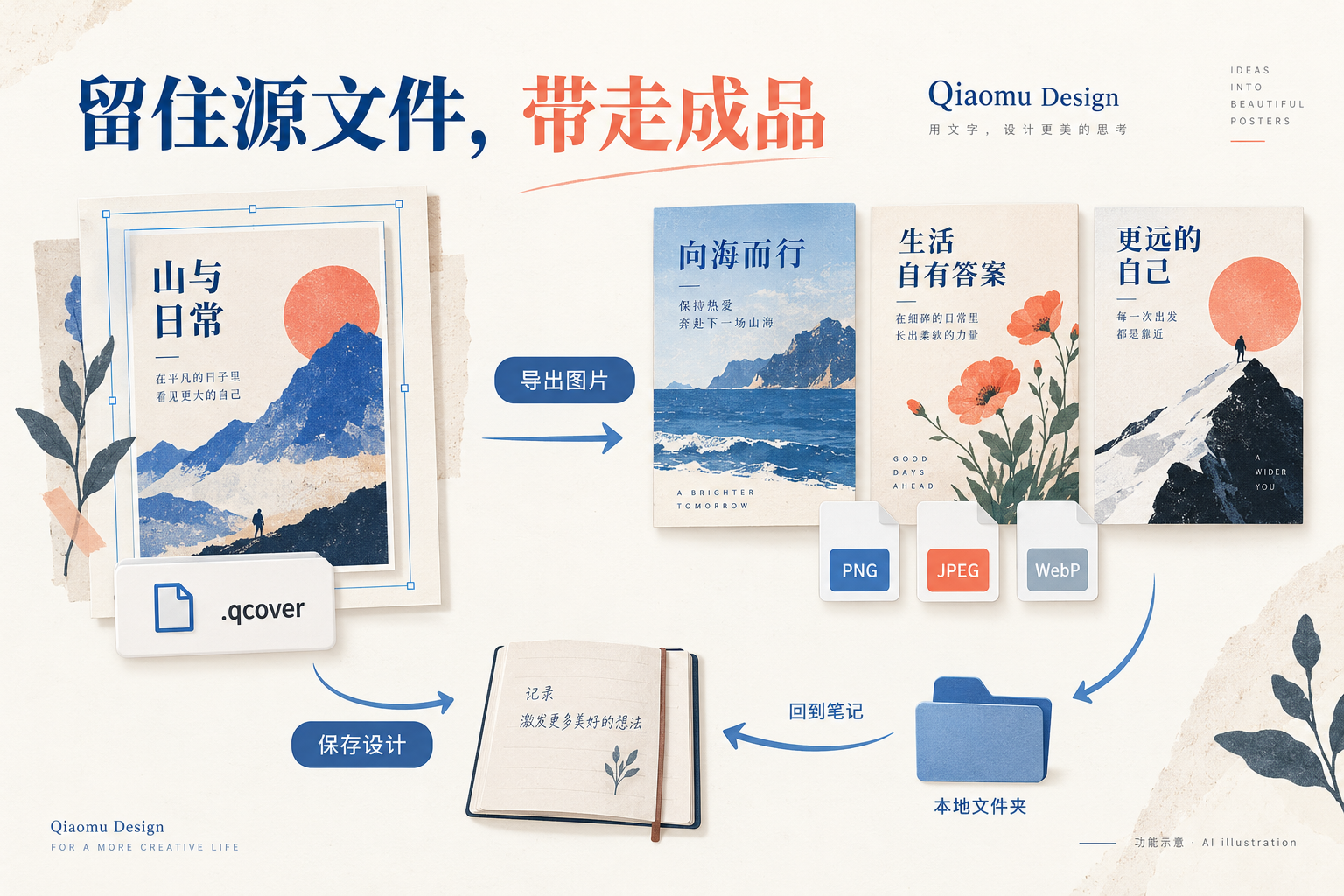qcover 源文件、PNG/JPEG/WebP 成品和笔记回写示意