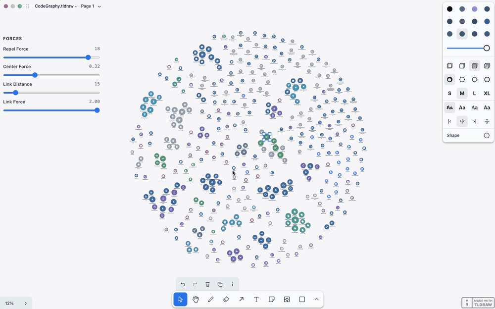 A CodeGraphy Relationship Graph running force physics in tldraw offline
