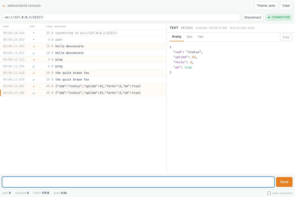 websocketd dev console, light theme, split inspector with a frame selected