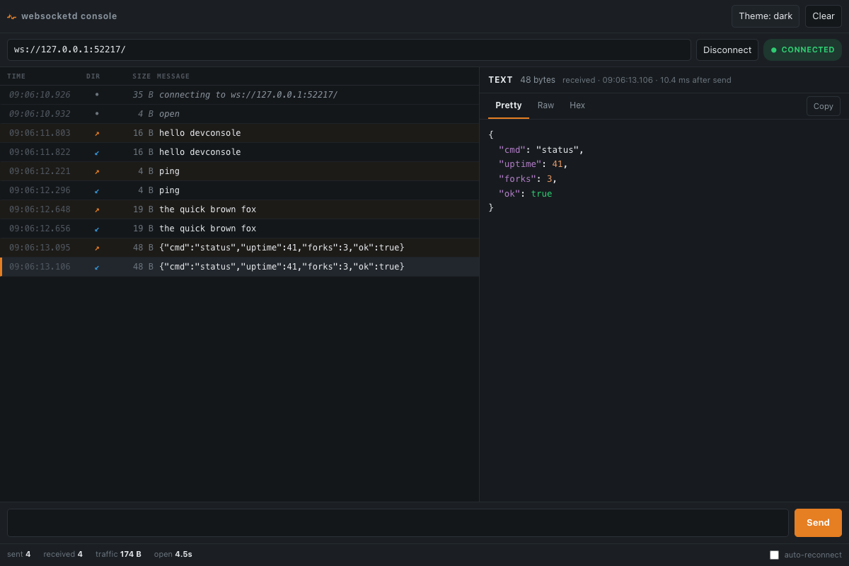 websocketd dev console, dark theme, split inspector with a frame selected