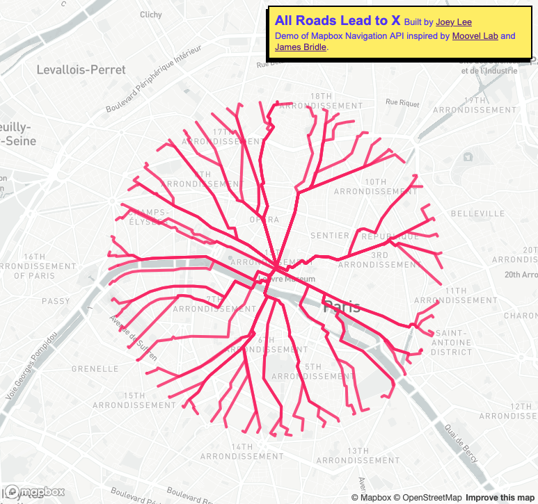 screenshot of routes in grid to louvre