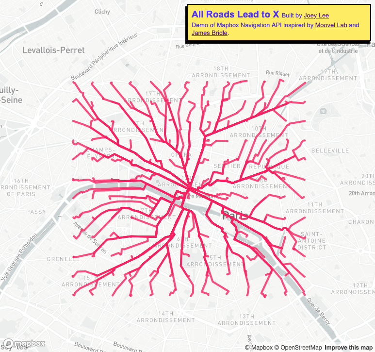 screenshot of radial routes to louvre