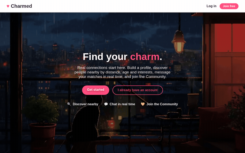 Charmed — landing, search, profiles, and real-time chat