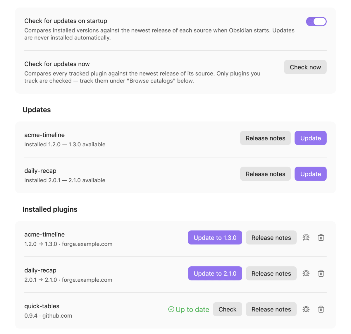 The plugin's settings tab: two pending updates with Update and Release notes buttons, and a list of installed plugins with their versions and forge hosts