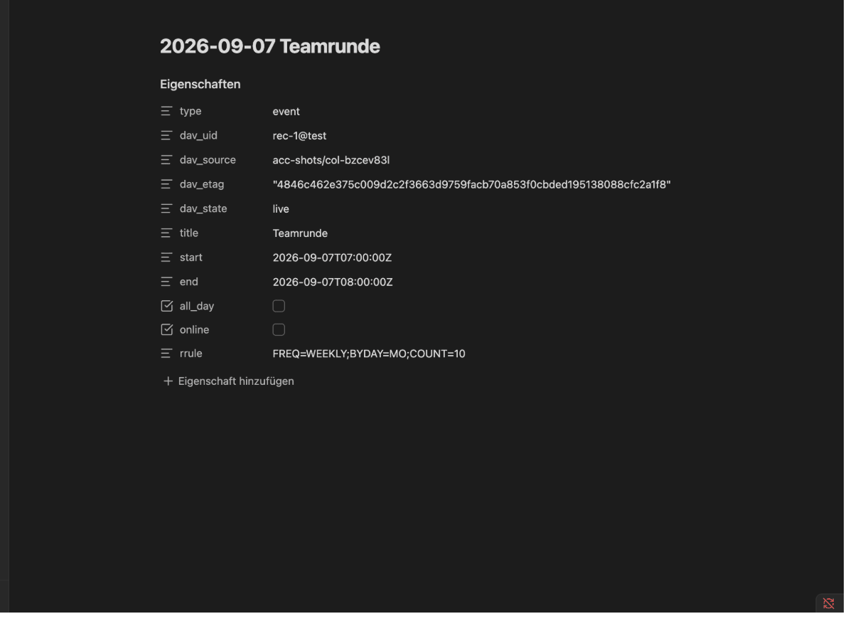 A mirrored event note in reading view: frontmatter with type, dav_uid, dav_source, dav_etag, dav_state, title, start, end, all_day, online and rrule