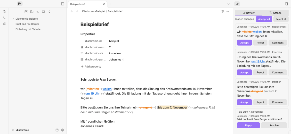 A letter in the editor with word-level suggestions marked in the text and the review sidebar showing one card per change