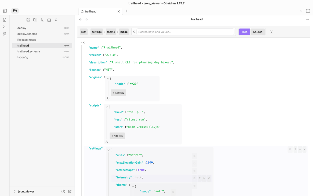 A .json file open in Obsidian in tree mode: the file list on the left, and on the right a toolbar with breadcrumb, search field and Tree/Source pills above a colour-coded, collapsible tree of the file.