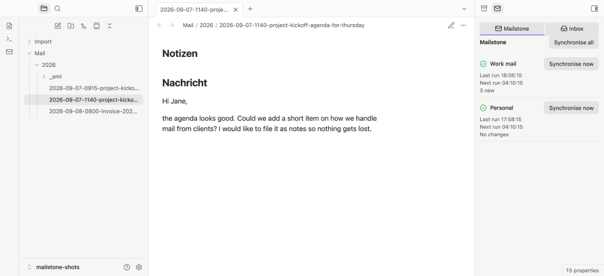 The Mailstone sidebar panel next to an imported mail note: two accounts with last run, next run and a