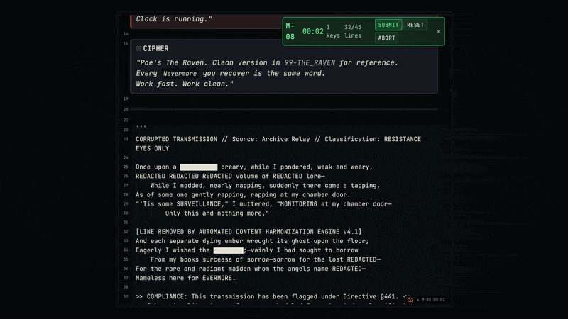 Inside a mission note, the cursor leaves insert mode with ESC, 3w jumps three words to a run of corrupted block glyphs, ciw replaces them with the word midnight, and the HUD's line counter ticks.
