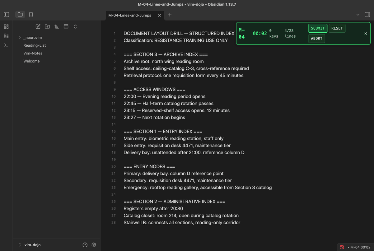 A NeuroVim mission open in an Obsidian note: the corrupted transmission in the editor with Vim mode active, and the mission HUD showing elapsed time, keystrokes and line progress