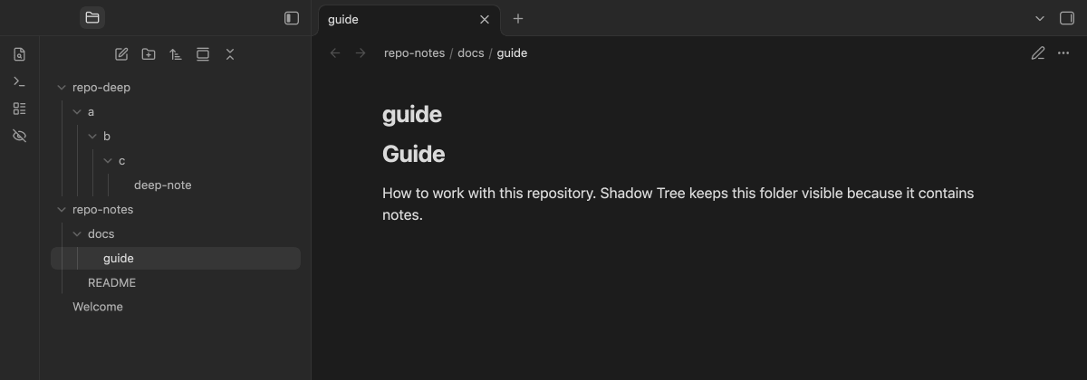 Obsidian's file explorer with Shadow Tree active: the vault shows Welcome.md, repo-deep with its single note three folders down, and repo-notes with README and docs, while repo-empty, node_modules and dist are not drawn; the ribbon shows the eye-off icon