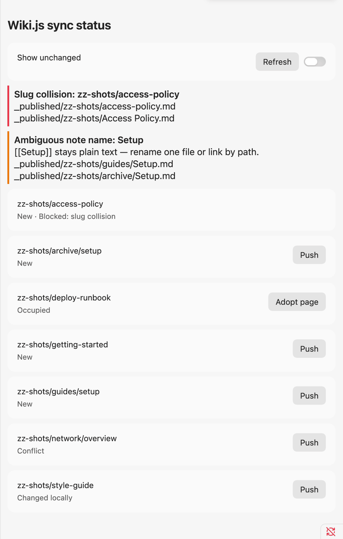 The sync status view listing pages as New, Changed locally, Conflict and Occupied, with a slug-collision warning and an ambiguous-note-name hint above the list