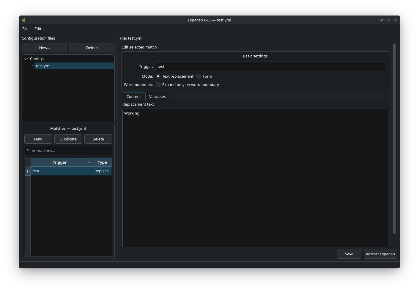 Espanso GUI showing a match file and its editor