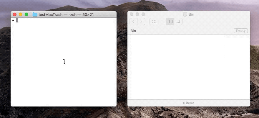 mac-trash demo in the macOS Terminal