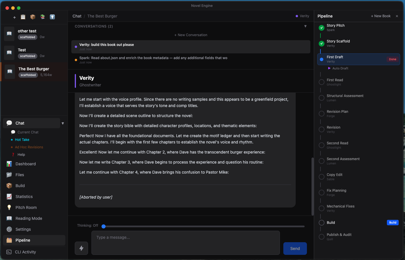 Verity ghostwriting a first draft with sidebar bookshelf, pipeline tracker, and CLI Activity monitor