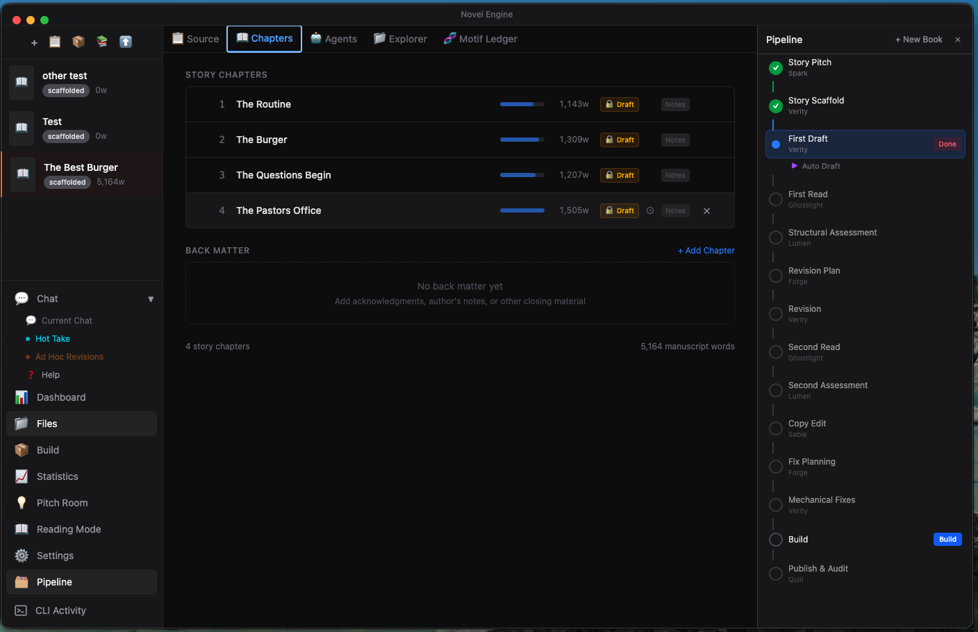 Chapters tab with word counts