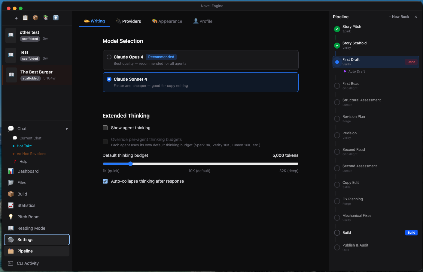Settings with model selection and thinking budget