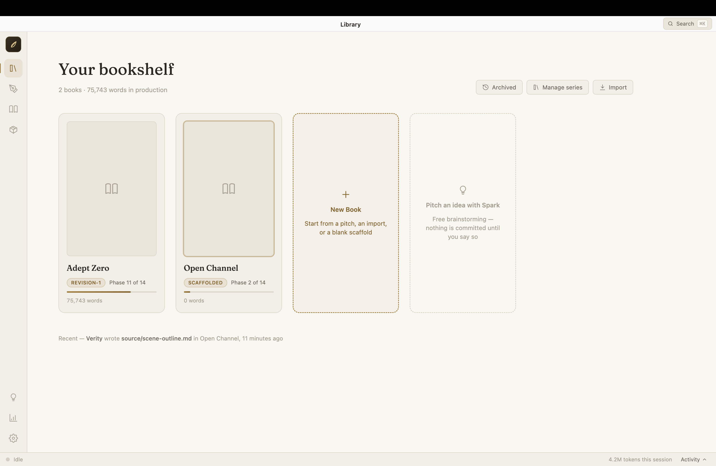 Library — your bookshelf with progress per book