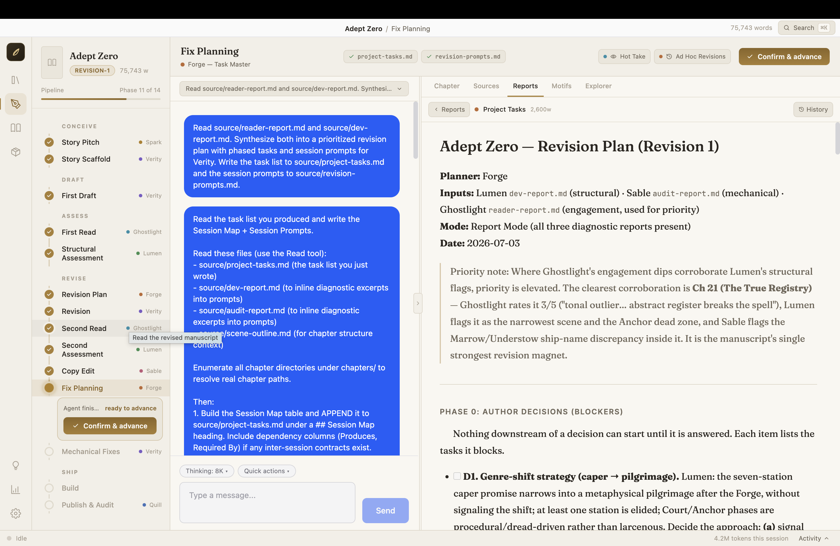 Workspace — the pipeline on the left, your editor in chat