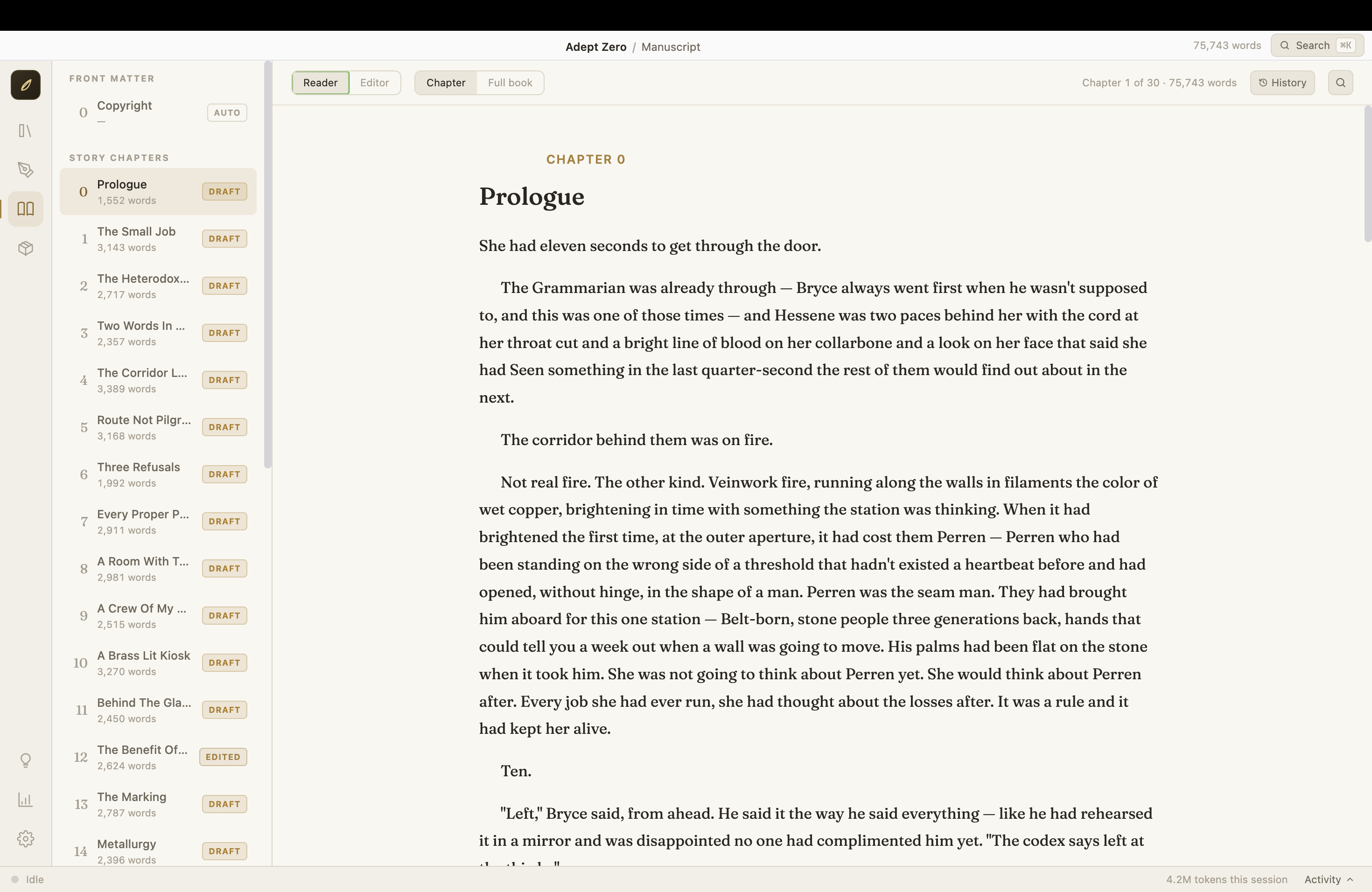 The Manuscript view — chapters on the left, prose on the page