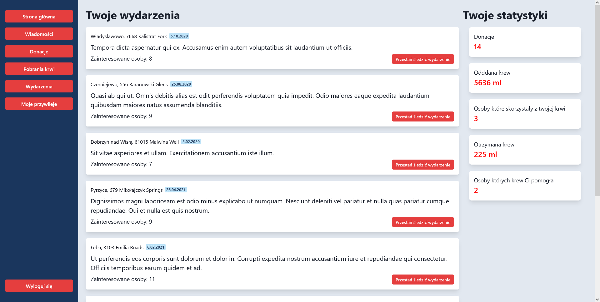 Główny widok dla zwykłego użytkownika