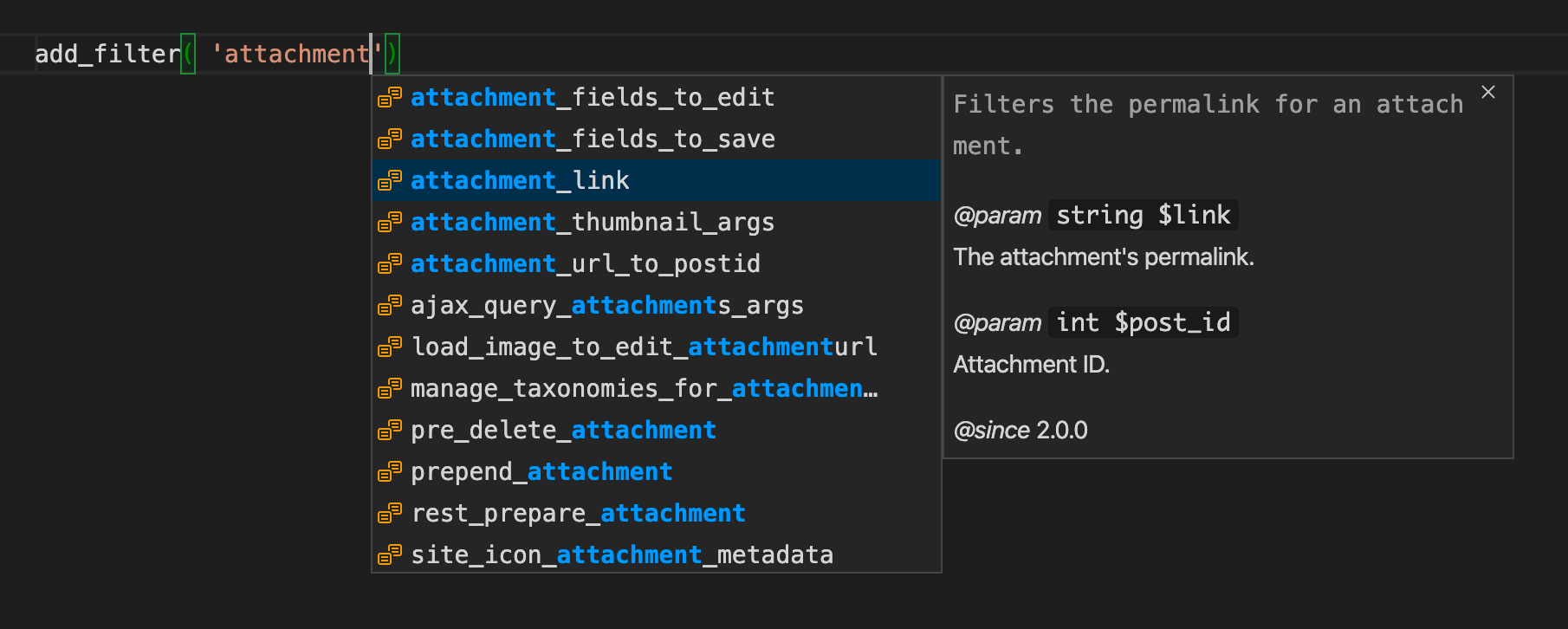Screenshot of VS Code showing an autocomplete list for the first parameter of the add_filter function