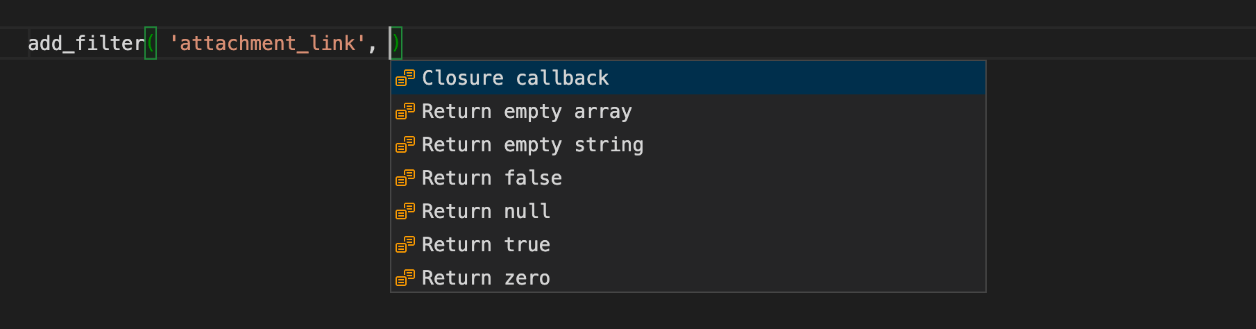 Screenshot of VS Code showing an autocomplete list for the callback parameter of the add_filter function