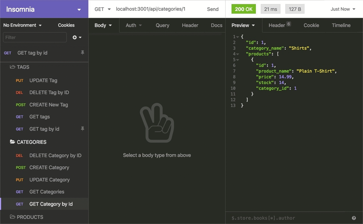 In Insomnia, the user tests “GET tag by id,” “GET Category by ID,” and “GET One Product.”