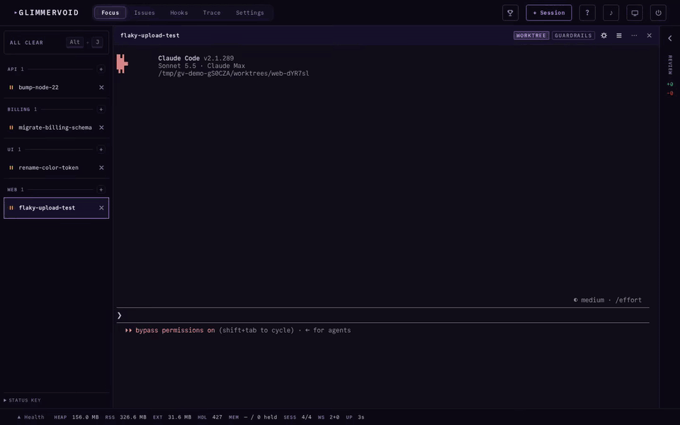 Glimmervoid dashboard replaying recorded Claude Code sessions: one fixes a flaky upload test with its diff in the terminal, three more work on their own projects in the session rail
