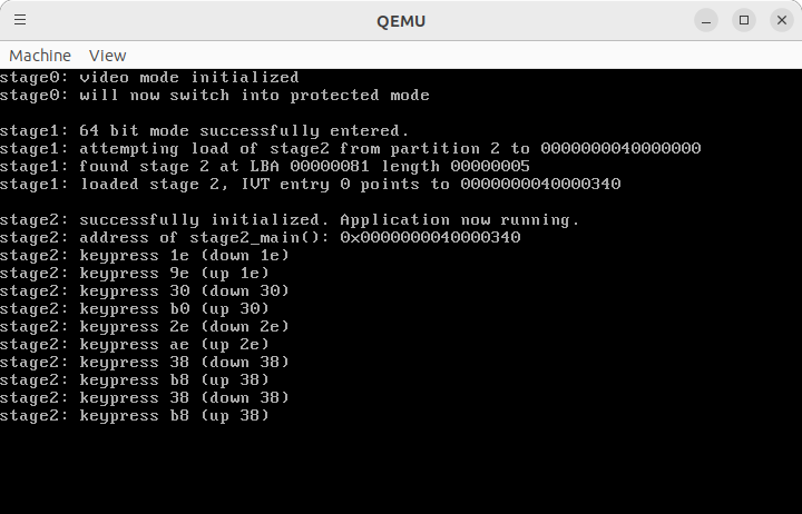 Screenshot of QEMU running the example