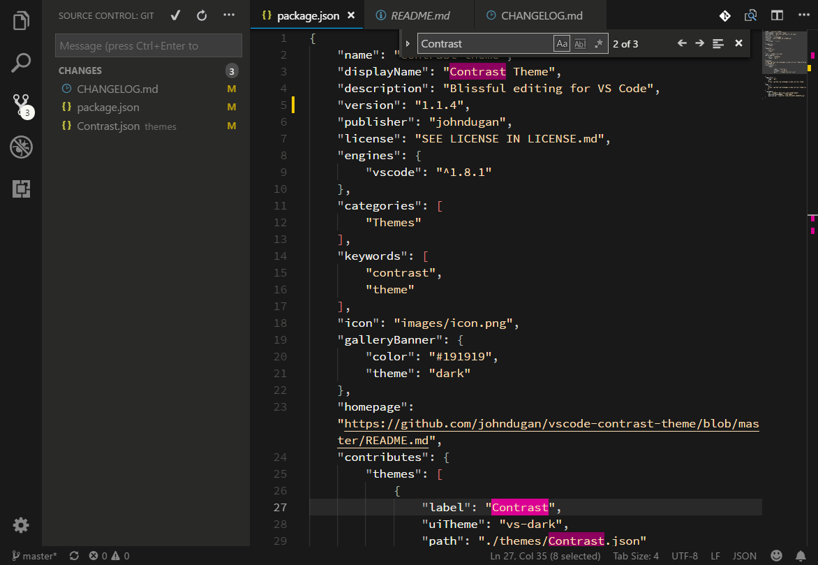 Screenshot of the VS Code Editor in Contrast