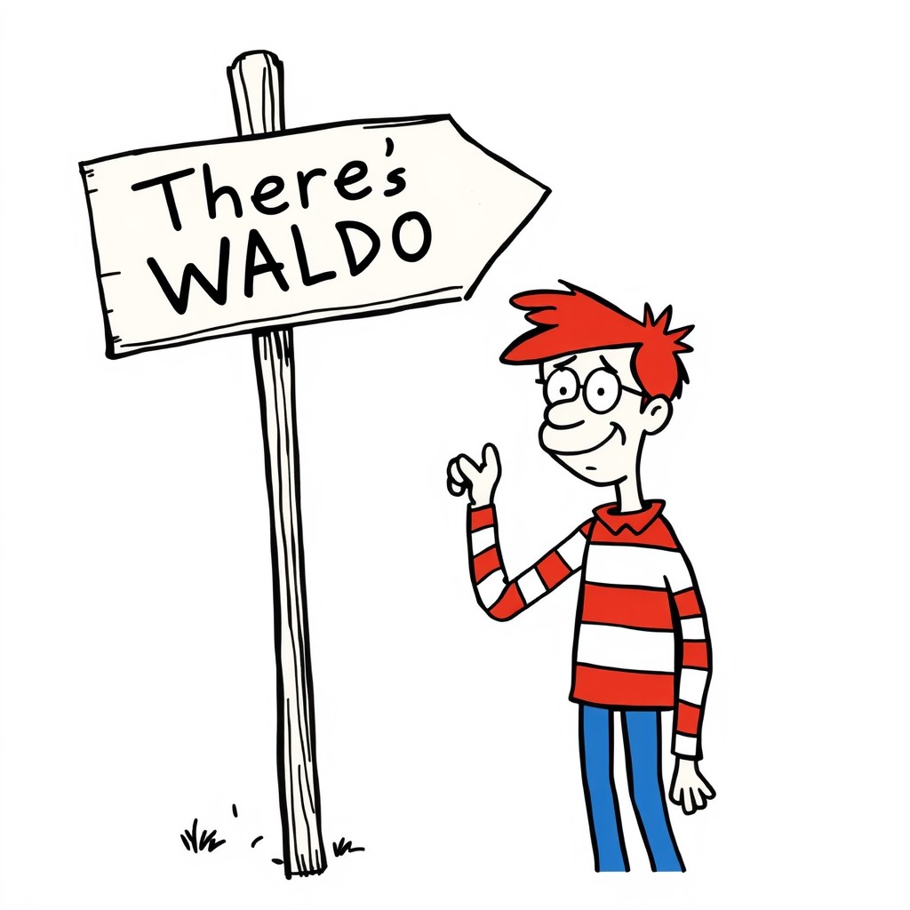 Waldo standing next to a sign that reads: There's Waldo