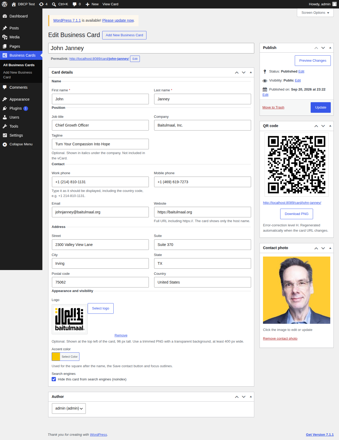 Edit screen with Card details and QR code boxes