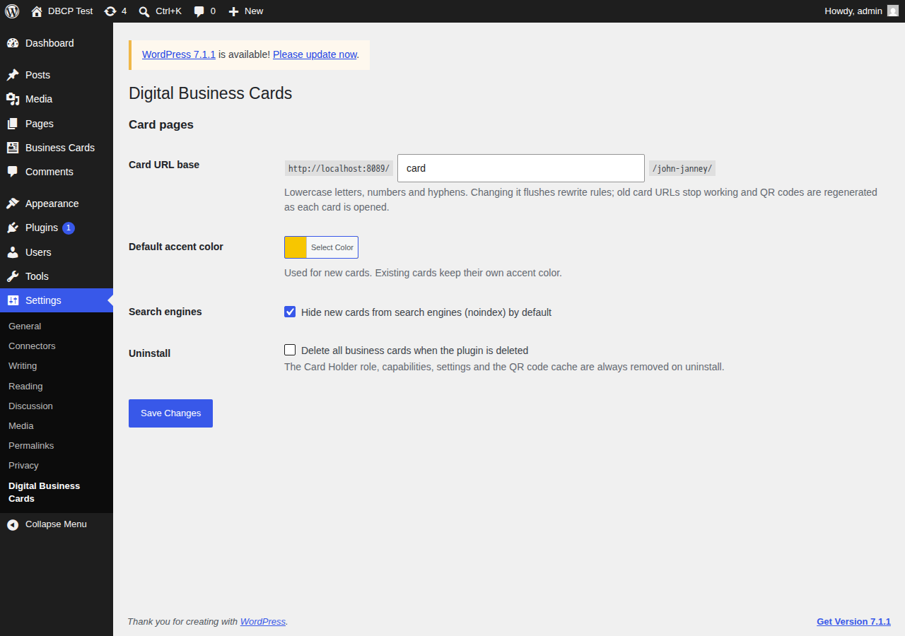 Settings page